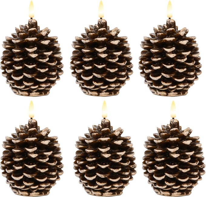 Anna's Collection LED dennenappel kaars - 6x - bruin - 10 x 8.5 cm - met timer