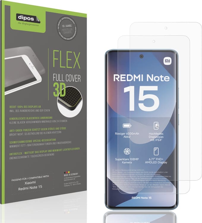 dipos FLEX – 2x Matte Screenprotector geschikt voor Xiaomi Redmi Note 15 | Volledige Schermbescherming | Case-Friendly