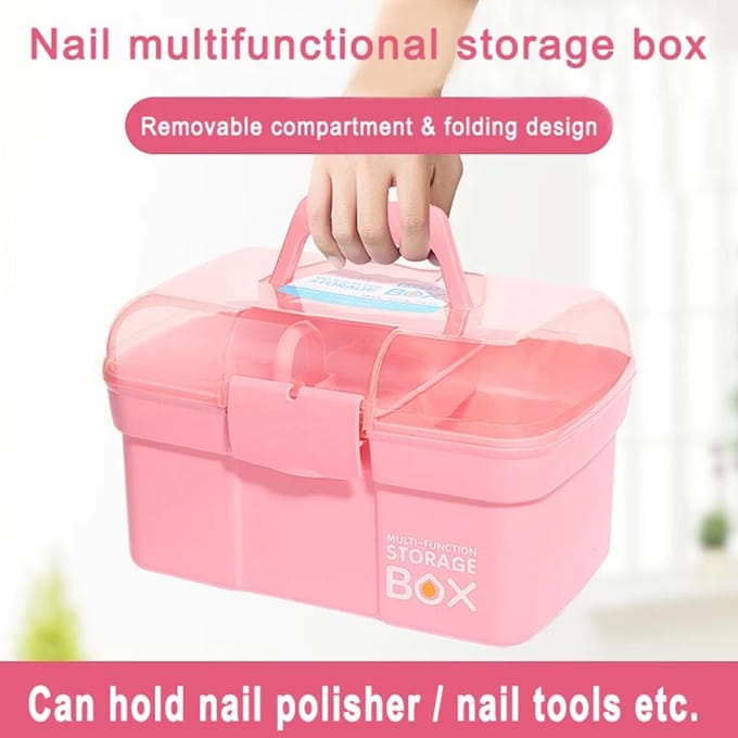 Plastic Opbergdoos met Uitneembaar Bakje Nagellak Draagkoffer Multifunctionele Organizer Opberg roze