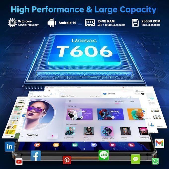 OUKITEL RT9 Tablet Touchscreen 10.1'' HD IP68 24GB+256GB 11000mAh Onbreekbare Tablet 16MP Android 14 Dual SIM 4G/GPS Zwart
