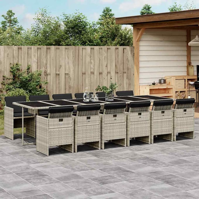 vidaXL - 13-delige - Tuinset - met - kussens - poly - rattan - lichtgrijs