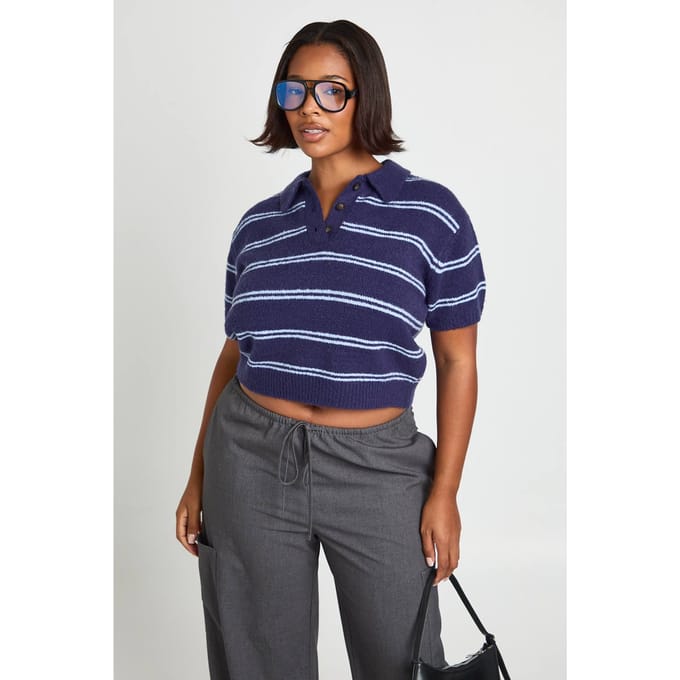 boohoo Dames Plus Kraag Gestreepte Gebreide Top | Blauw | Maat: 46