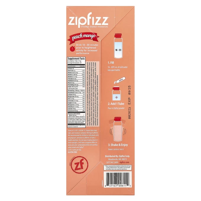 Zipfizz, Mélange pour Boisson Énergétique, Pêche Mangue, 20 Tubes, 0,39 oz (11 grammes) Chaque