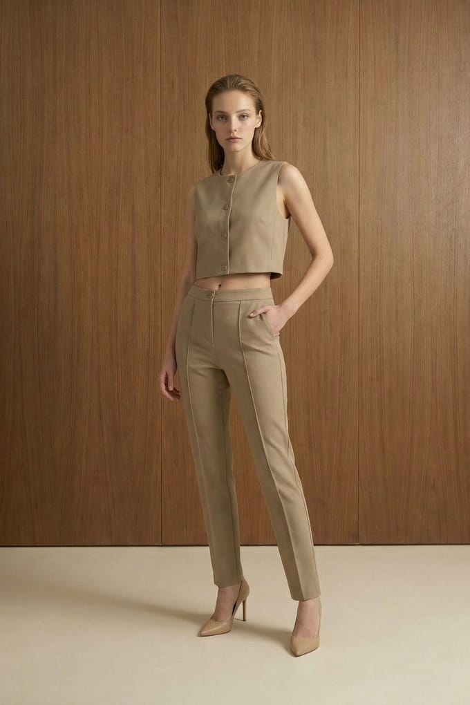 Crew Neck Crop Top & Hoge Taille Broek Twee-Stuks Set