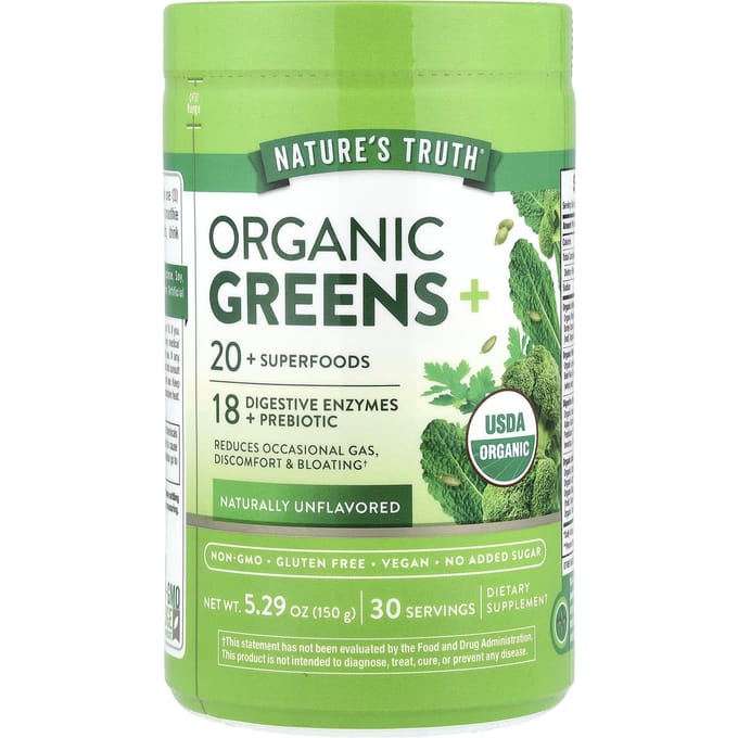 Nature's Truth, Biologische Greens+, Natuurlijk Ongezoet, 150g (5,29 oz)