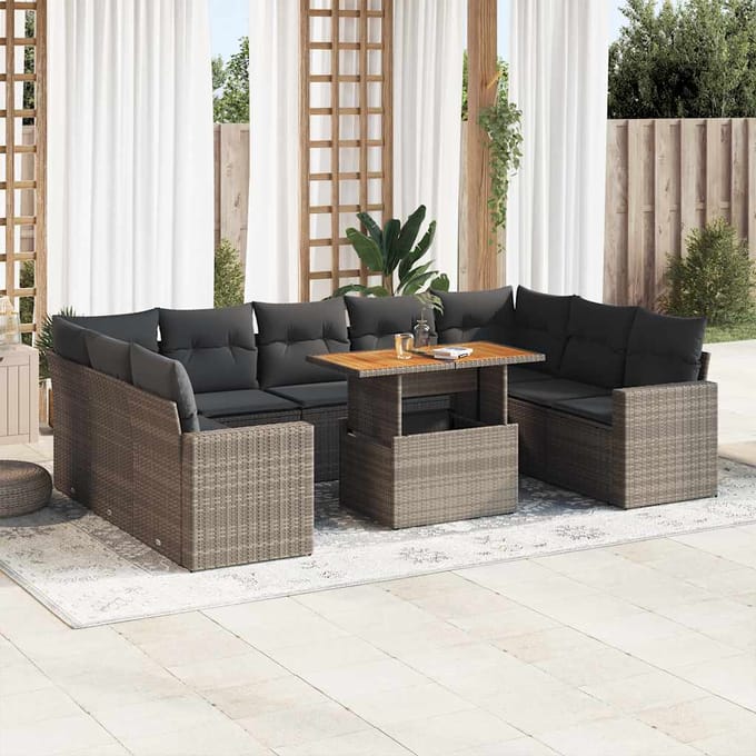 vidaXL - 10-delige - Loungeset - met - kussens - poly - rattan - grijs