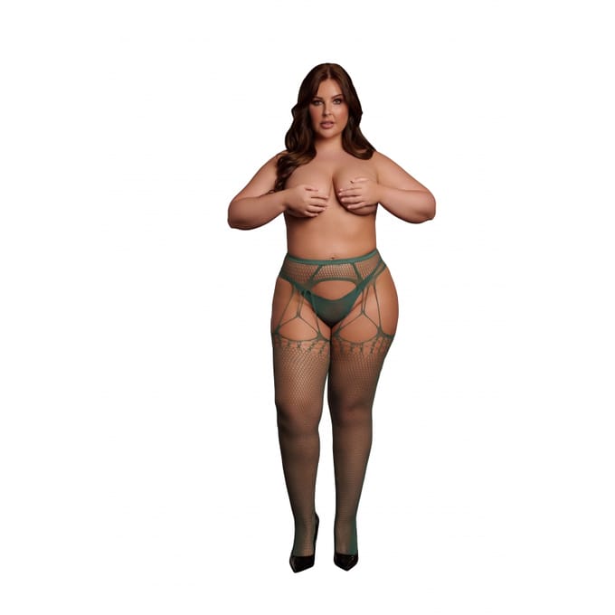 Le Desir - Visnet Jarretel Panty - Midnight Green Plus Size