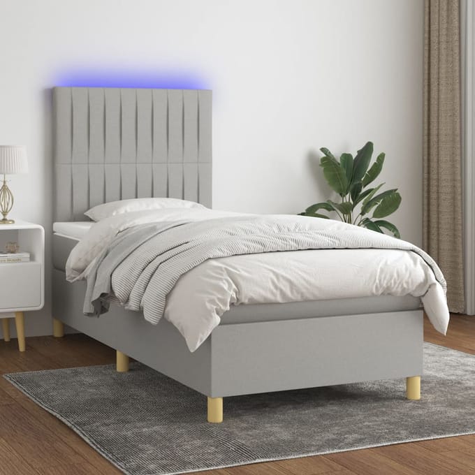 vidaXL - Boxspring - met - matras - en - LED - stof - lichtgrijs - 90x190 - cm