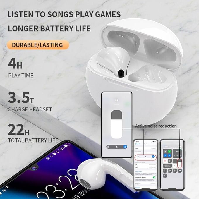 Air Pro 6 Draadloze Bluetooth-hoofdtelefoon Stereo-oortelefoon Sport Running Oortelefoon Mini-headset met microfoon voor Apple IPhone Xiaomi wit