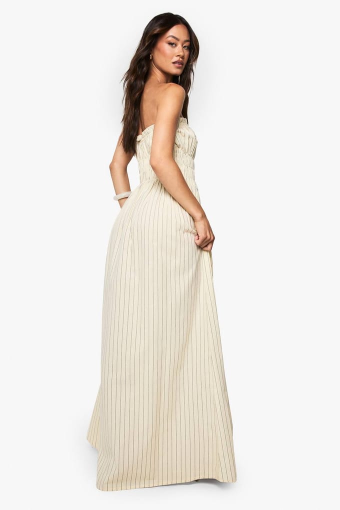 boohoo Dames Hoge linnen look gestreepte maxi jurk met plooien | Ecru | Maat: 14