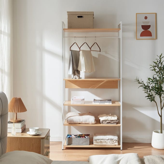 Kledingkast Larem met 5 planken 180x84x40 cm wit en eikenkleurig [en.casa]