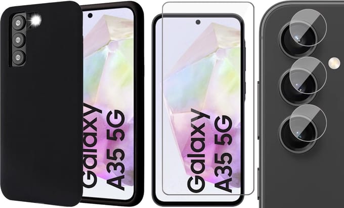 Hoesje geschikt voor Samsung Galaxy A35 - Screenprotector Glas & Camera - Mat Back Case Zwart