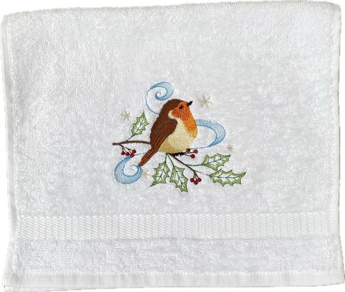Gastendoekje Kerst Roodborstje Wit Geborduurd NIEUW!