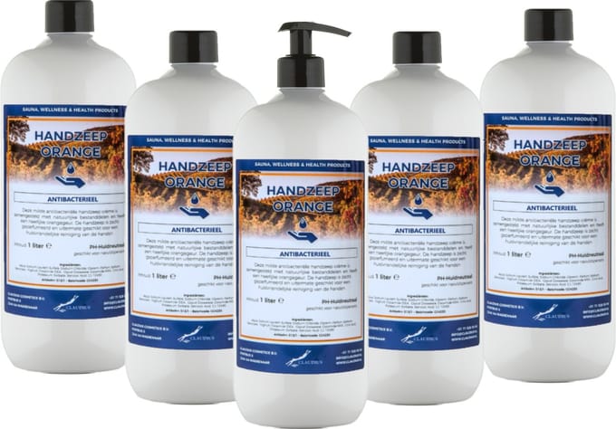 Handzeep Orange 1 liter - met gratis pomp - set van 5 stuks - Voordeelverpakking