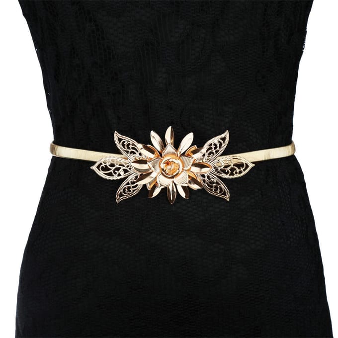 Ceinture à chaîne en métal doré pour femmes, embellissement de fleurs, sangle de taille élastique or