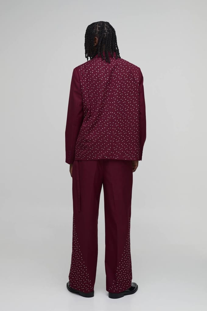 Embellished Belted Wide Leg Suit Trousers | Red | Size 42
