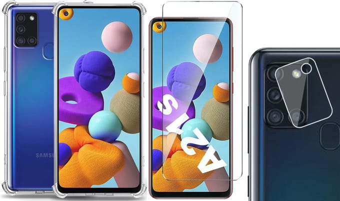 Hoesje geschikt voor Samsung Galaxy A21s - Screenprotector Glas & Camera Screen Protector - Transparant Shock Case