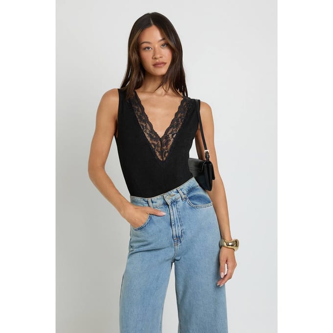 boohoo Dames Lang Kanten Bodysuit Met V-hals | Zwart | Maat: 38