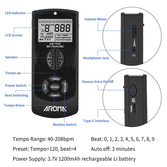 AROMA elektronische digitale metronoom met 2,2-inch LCD Universele elektronische metronoom met volume zwart