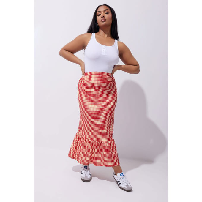 Limited Collection Maxi Rok Met Gingham Ruit En Ruchezoom In Rood Size 46