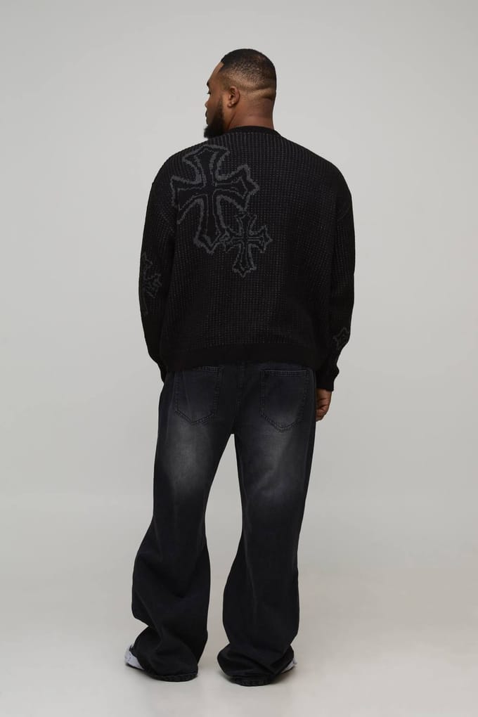 Plus oversized boxy pluizige cross jacquard gebreide trui | Black | Size 3XL