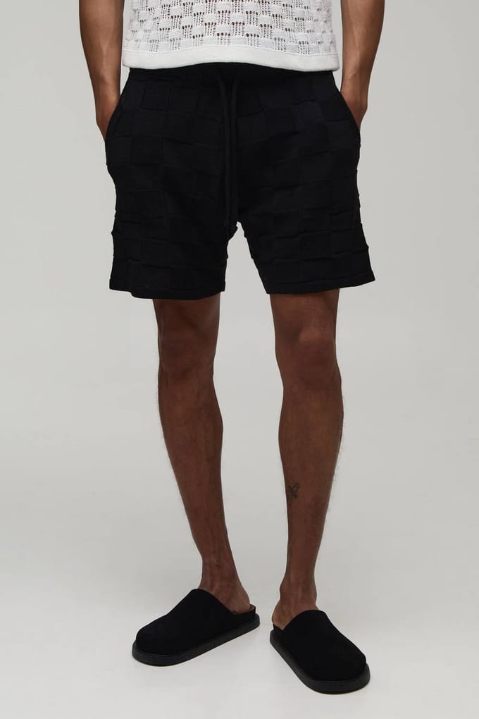 Ontspannen Gebreide Short Met Dambordpatroon | Black | Size Medium
