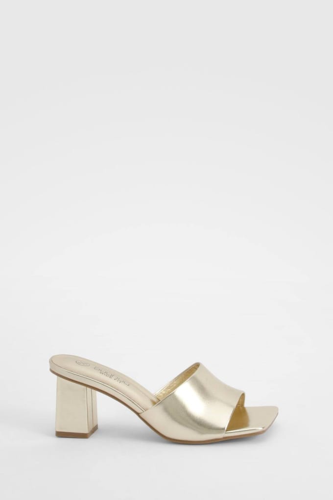 boohoo Dames Wide Fit Low Block Heeled Mules | Goud | Maat: 38
