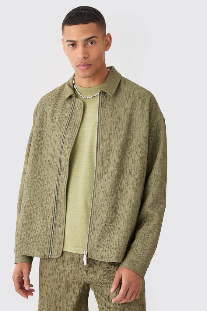 Textured Satin Oversized Fit Harrington-jas met ritssluiting | Khaki | Size 40