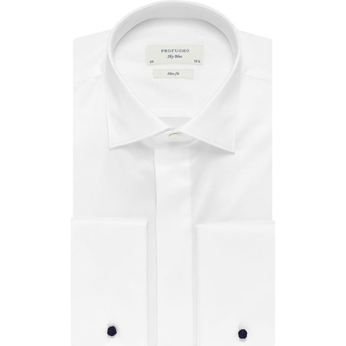 Profuomo slim fit heren smoking overhemd dubbele manchet - twill - wit - Strijkvriendelijk - Boordmaat: 42