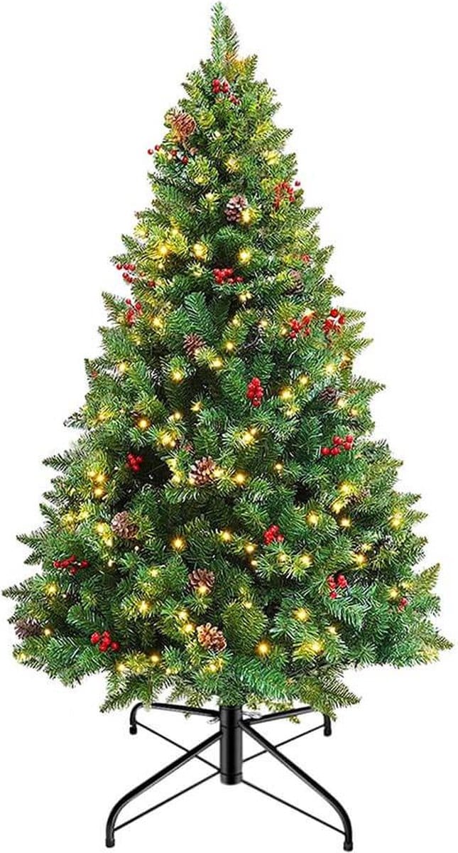 Kunstkerstboom 210 cm met LED-verlichting - Dennenappels en rode bessen - Met standaard