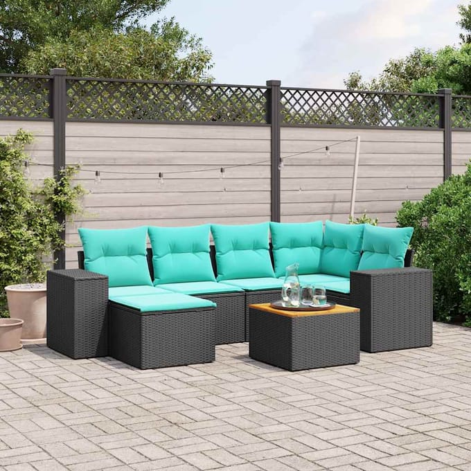 vidaXL - 7-delige - tuinbankset - met - kussens - van - zwart - polyrotan
