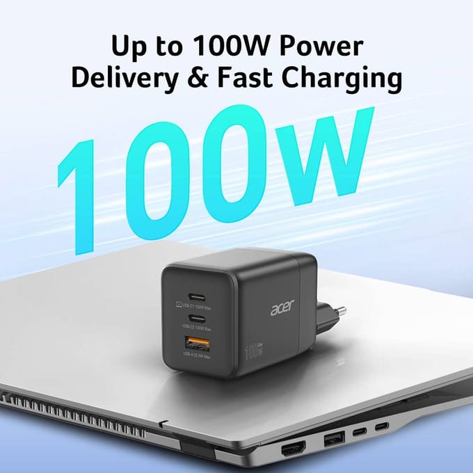 Acer power adapter - PPS and GaN technology - USB 2 x USB-C - 100 Watt