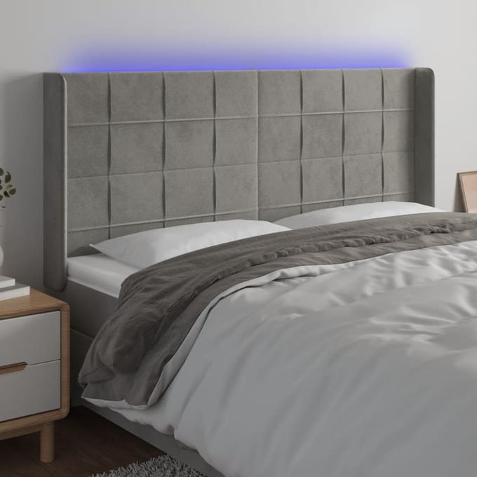 vidaXL - Hoofdbord - LED - 203x16x118/128 - cm - fluweel - lichtgrijs