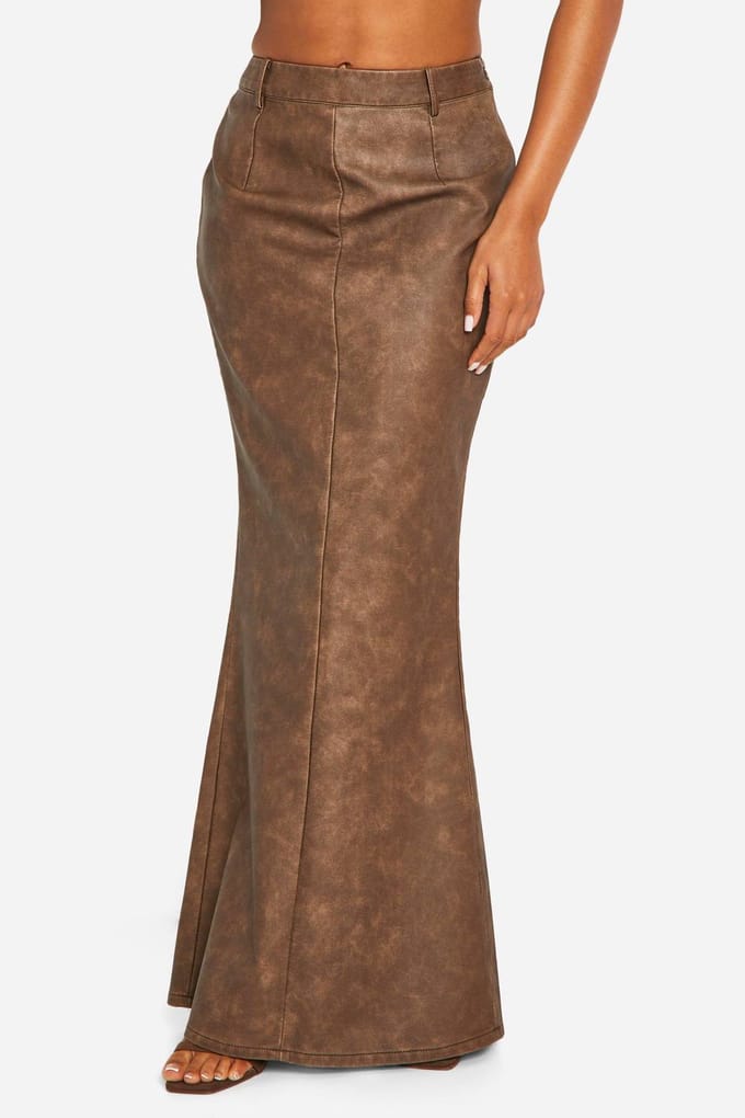 boohoo Dames Gewassen imitatieleer maxi-rok | Chocoladebruin | Maat: 34