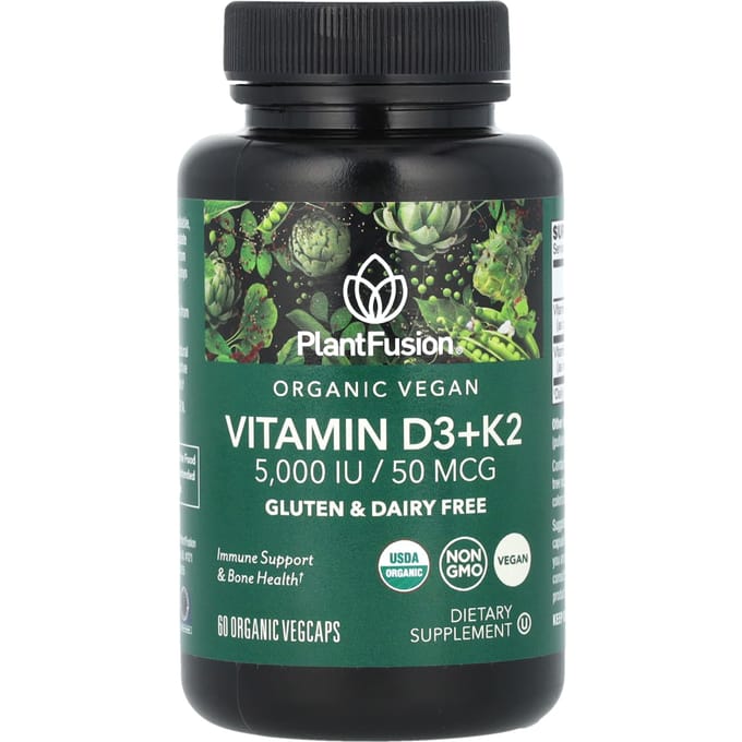 PlantFusion, organic vegan vitamin D3+ K2, 5,000IU/50mcg, 60 organic veggie capsules
