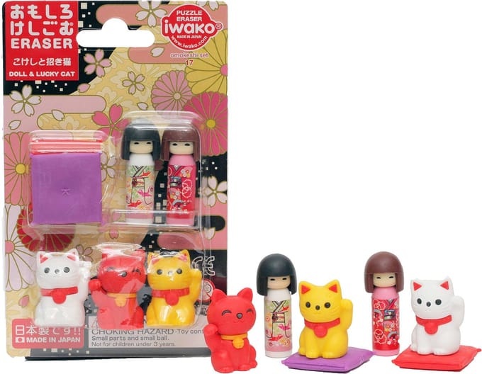 Iwako Blister Pack/Kokeshi & Lucky Cat (7 pcs)