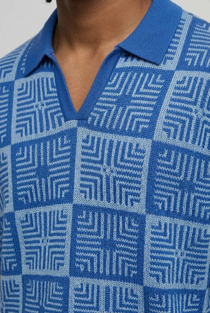 Oversized Boxy Crochet Tapestry Knitted Polo T-Shirt | Blue | Size XL