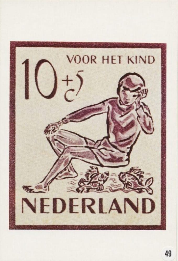 Briefkaart met afbeelding jongen met vissen postzegel