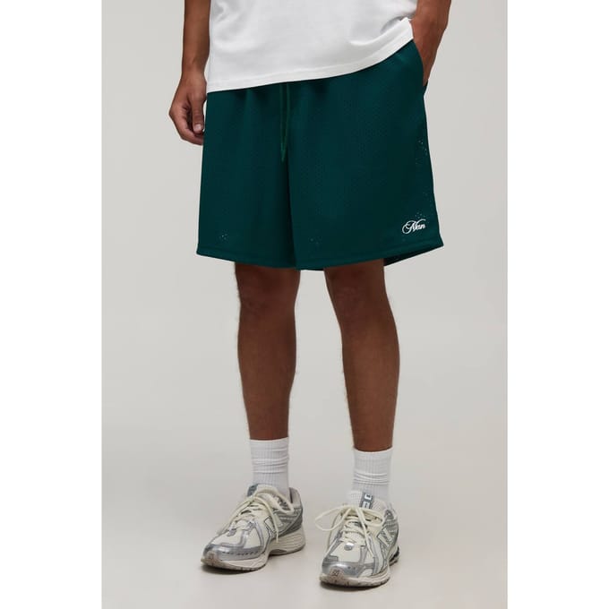 Ruimvallende Mesh Jersey Short Voor Heren Met Script Opdruk | Forest | Size XS
