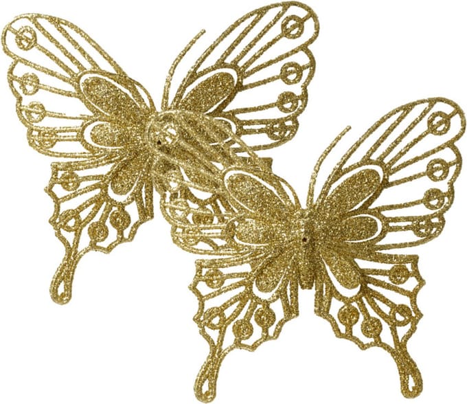 Decoris decoratie vlinders op clip - 2x - goud - 13 cm