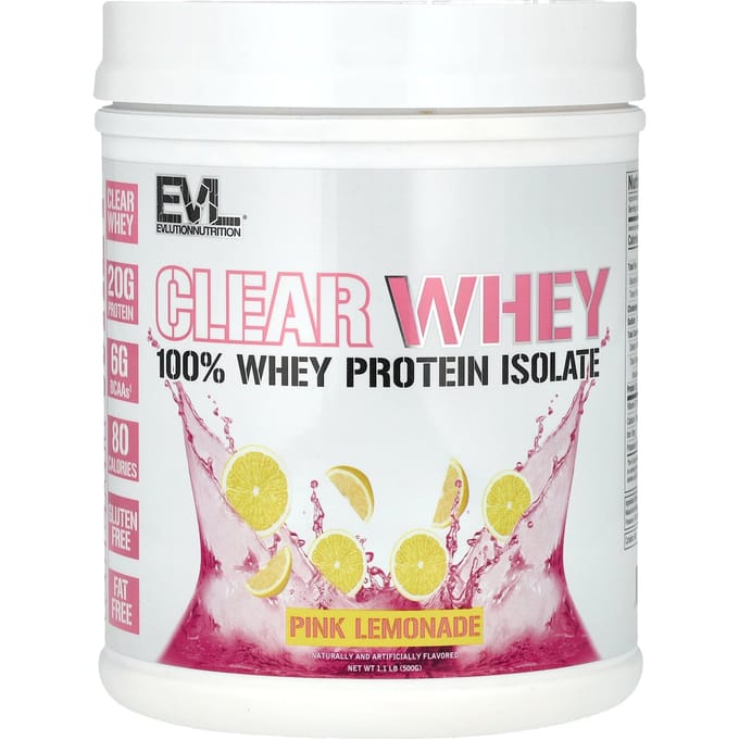 EVLution Nutrition, Clear Whey, 100% Isolat de Protéine de Whey, Limonade Rose, 1,1 lb (500 g)