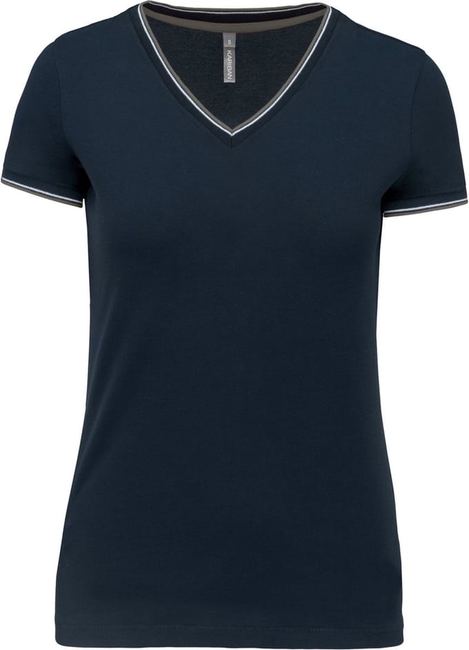 Kariban Dames-t-shirt piqué V-hals K394 - Navy / Light Grey / White - S