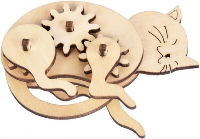 De Bouwplaats Bouwpakket Kat - 3D Houten Puzzel Mechanisch - 18 onderdelen