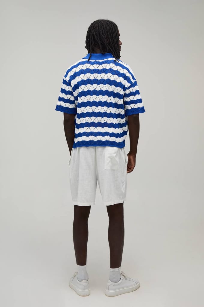 Oversized Boxy Wavy Open Stitch Knitted Polo T-Shirt | Blue | Size Medium