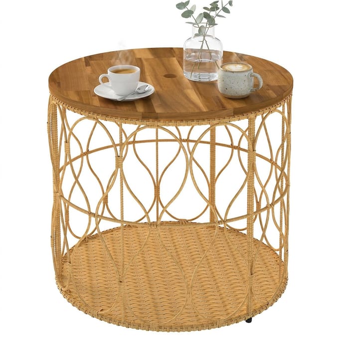 Outsunny Salontafel-Acaciahout, PE-rotan-Ø50 x 47,5H cm-Teak