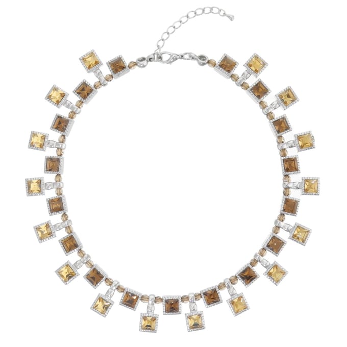 Behave – Statement ketting dames zilverkleur – Bruine glasstenen – Feestelijk – 34 + 5 cm