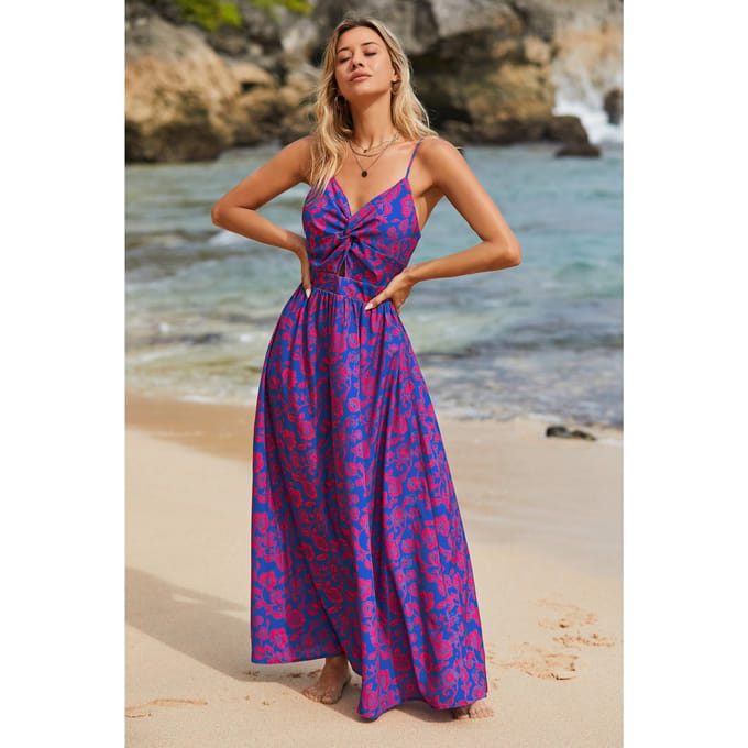 Vestido largo con cuello en V y nudo con estampado floral