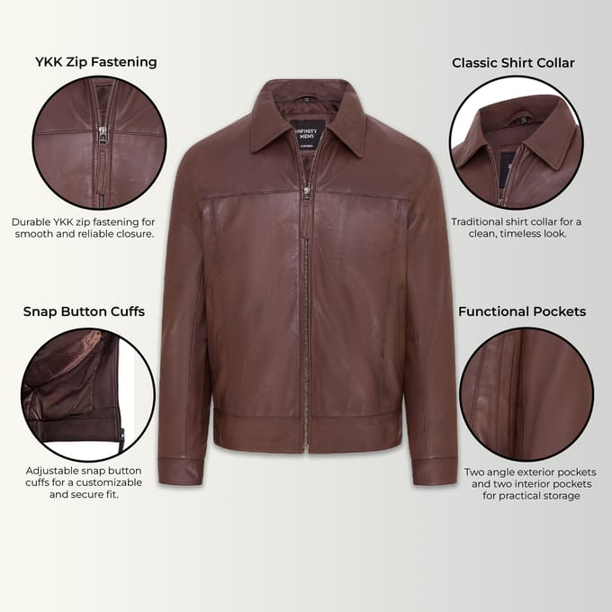 Heren Bruin Retro Klassiek Leren Harrington Bikerjack - Drammen