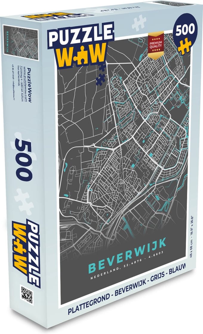 Puzzel Plattegrond - Beverwijk - Grijs - Blauw - Legpuzzel - Puzzel 500 stukjes - Stadskaart