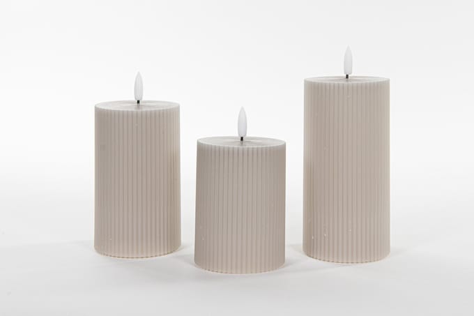 Anna Collection LED stompkaarsen - 3x - taupe/grijs - ribbel - 7,5 cm